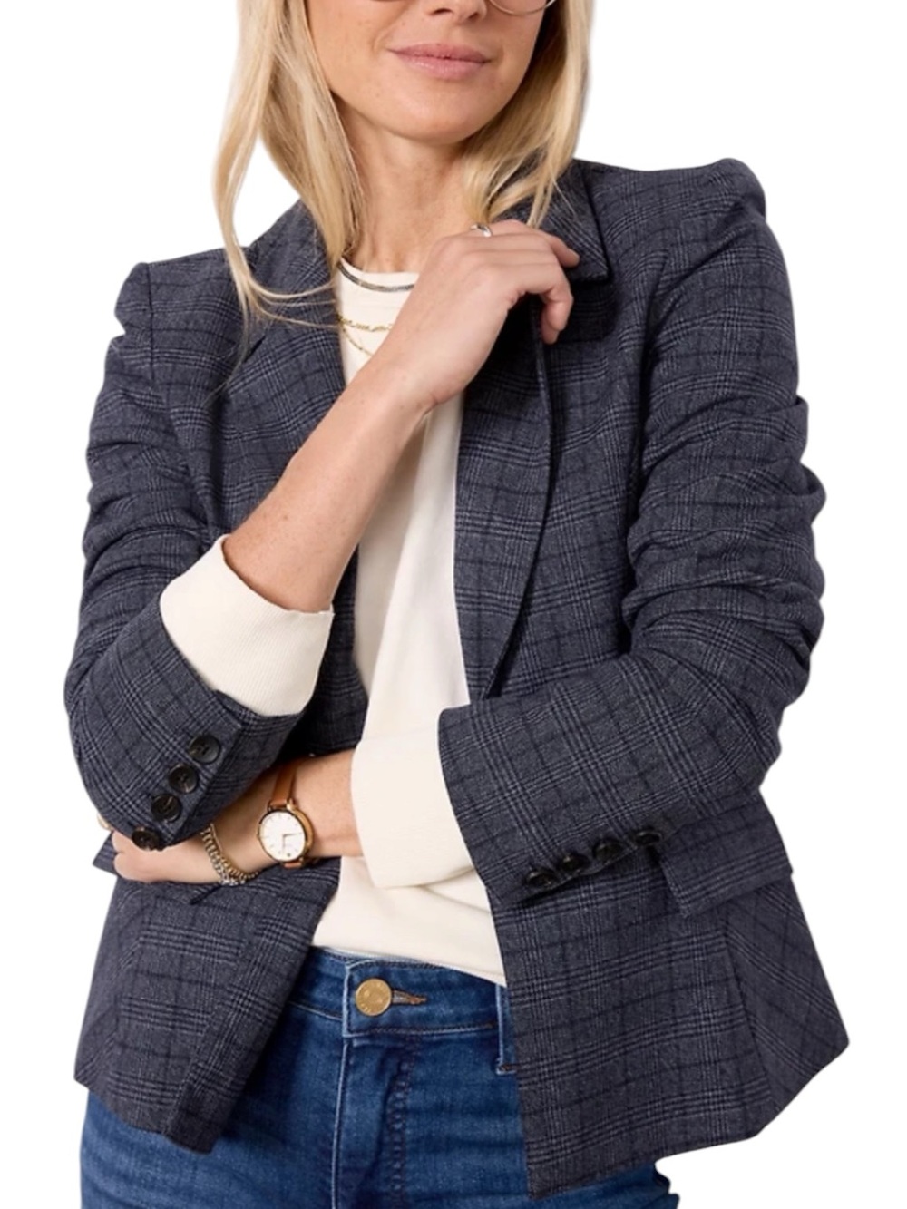 NWT Evereve Asher Plaid Blazer In Navy Blue Sz M Single-Button Closure Lined